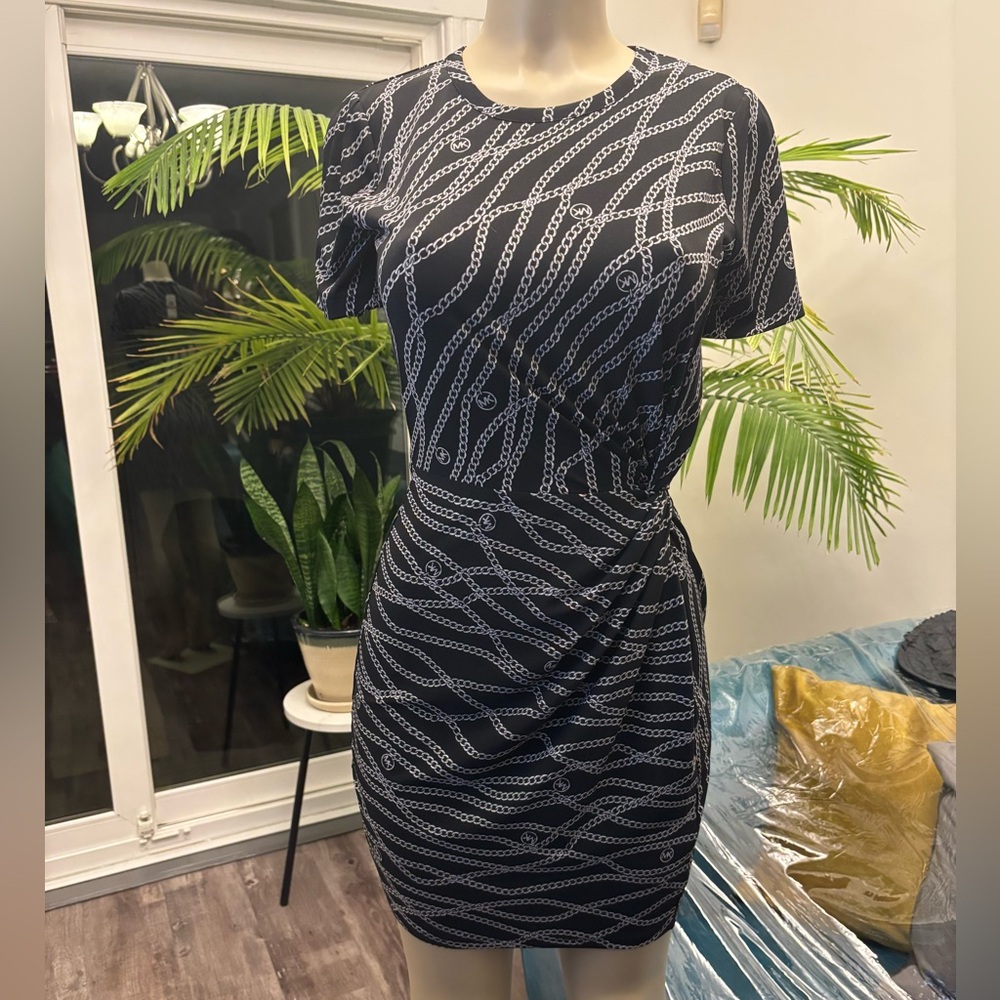 New MICHAEL Michael Kors Black and White Chain Pattern Mini Dress